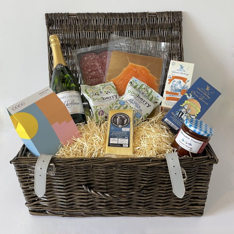 St Andrews Hamper Co Sparkling Elderflower Picnic Hamper Wicker Hamper Open 768x768